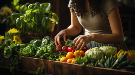 A close-up of a woman in the garden harvesting fresh, organic vegetables, showcasing the joy of sustainable farming and homegrown produceの素材