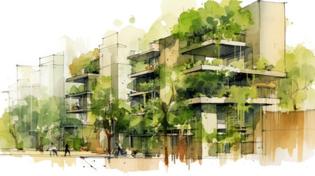 A sustainable urban watercolor sketch design featuring eco friendly elements, modern architecture, green spaces, and renewable energy innovations in a futuristic cityscapeの素材