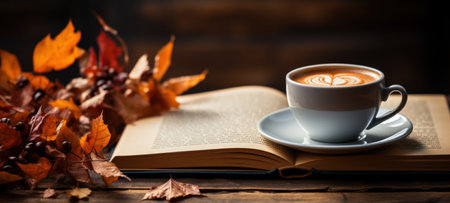 Cozy reading corner with an open book and coffee cup on a wooden table, perfect for relaxation and leisure timeの素材