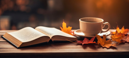 Cozy autumn scene with an open book and a steaming cup of coffee on a wooden table, perfect for seasonal relaxation and readingの素材