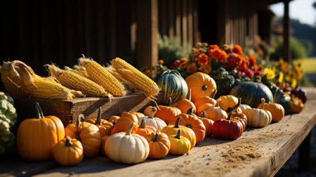 Vibrant autumn farmers market with colorful pumpkins and fresh vegetables on a rustic display. Seasonal bounty in a rural settingの素材
