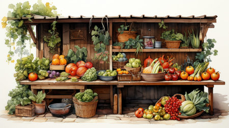 Vibrant watercolor painting of a farmers market stand with fresh organic produce on a rustic wooden backgroundの素材