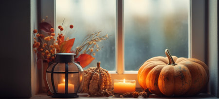 Cozy autumn windowsill arrangement with pumpkins, candles, and rustic decor. Warm, nostalgic, and perfect for seasonal contentの素材