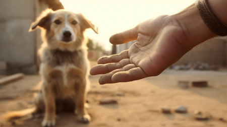 Emotional adoption story person's hand with golden, homeless dog. Cinematic, touching rescue evokes hope, loyalty. Compassionate, heartwarming bond in golden hour light. Sad canine seeking loveの素材