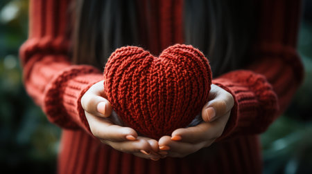 Woman hands tenderly holding a red knitted heart, symbolizing love, warmth, and care. A perfect image for themes of Valentine's, charity, and compassionate givingの素材