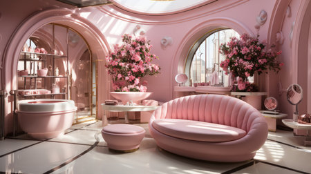 Elegant pink beauty salon interior featuring plush seating, chic decor, arches, and blooming flowers, with a modern, luxurious vibeの素材