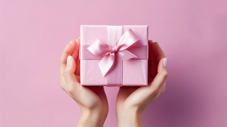 Hands holding a gift wrapped in pink paper with a satin ribbon, symbolizing thoughtfulness and care in a delicate, feminine presentationの素材