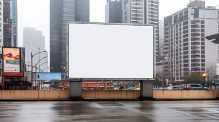 Blank billboard on a foggy city street with cars and high rises, ideal for advertising mockups and urban marketing displaysの素材