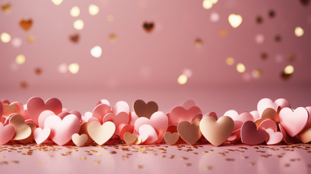 A romantic array of pink and gold paper hearts with sparkling confetti, creating a warm, festive Valentine's backdropの素材