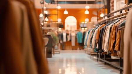 Elegant boutique interior with clothes on hangers, soft lighting, blurred background, and a cozy shopping ambianceの素材