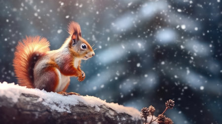 A curious red squirrel with a bushy tail perched on a snow covered branch, its bright eyes and alert stance contrasting with the serene winter backdropの素材