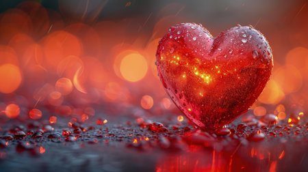A radiant red heart with sparkling water droplets, set against a vivid bokeh backdrop, symbolizing deep love and passionの素材