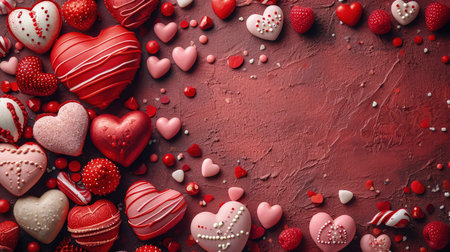 Assorted Valentine's sweets and hearts in red and pink hues, artfully scattered on a textured surface for a festive top view.の素材
