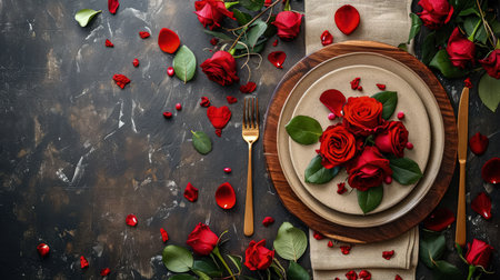 Elegant Valentine's Day table setting with red roses, scattered petals, and gold cutlery on a rustic dark backdropの素材