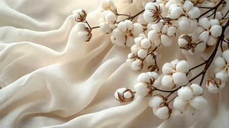 Soft white cotton bolls delicately placed on a smooth cotton fabric, symbolizing natural elegance and purity in a serene settingの素材
