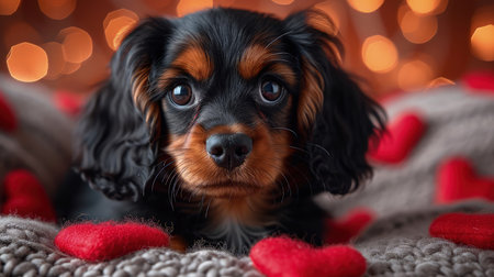 A lovable Cavalier King Charles Spaniel puppy with big, soulful eyes, surrounded by red hearts and warm bokeh lightsの素材