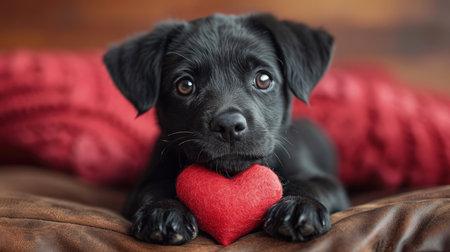Adorable black puppy with glossy eyes holding a red heart, evoking warmth and loveâperfect for Valentine's Day themesの素材