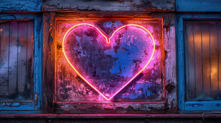 A neon heart sign radiates a warm pink and purple glow from a rustic window, creating a romantic and vintage urban ambiance.の素材