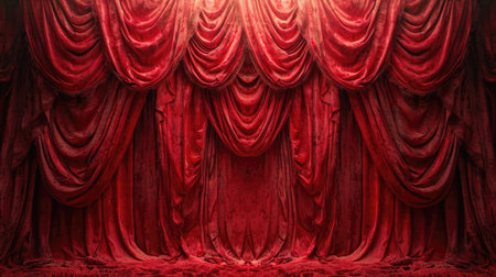 Symmetrical red velvet curtains with ornate swags and tassels create a luxurious, dramatic backdrop for theatrical stages.の素材