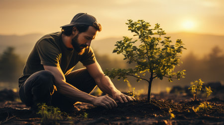 Man tenderly plants a tree at sunset, embodying eco-consciousness with hands in soil, nurturing growth in a serene setting.の素材