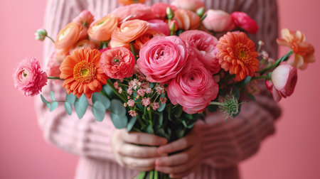 Hands cradling a lush bouquet of pink and coral flowers, including ranunculus and gerberas, against a soft pink backdrop.の素材