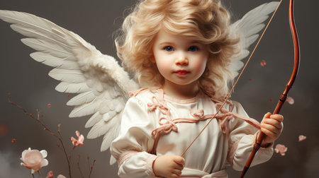 Cherubic child dressed as an angelic cupid with wings, holding a bow, surrounded by soft flowers and gentle light.の素材
