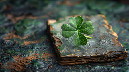 A vibrant shamrock rests atop a weathered book, symbolizing luck and Irish tradition, with rich textures and tonesの素材