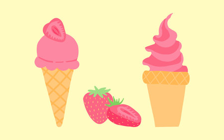 Assorted flat-designed ice creams with a strawberry twist, pastel tones, refreshing summer treats, delicious dessert concept, isolated on a light background.のイラスト素材