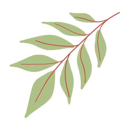 Illustrated green leaf branch with red veins, botanical design on white background, minimalisticのイラスト素材