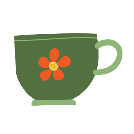 Retro green cup with a floral design, combining vintage charm and modern elegance. Great for kitchen decor, cozy mornings, or nature-inspired drinkware collectionsのイラスト素材