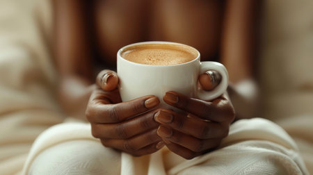 Close-up of hands holding a steaming coffee cup, wrapped in soft blankets, captures warmth and comfort, perfect for cozy lifestyle or beverage promotionsの素材
