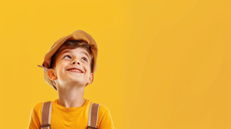 Happy boy in a straw hat and plaid shirt smiles brightly on a vibrant yellow background. A playful and colorful tribute to Oktoberfest traditions and youthful joyの素材