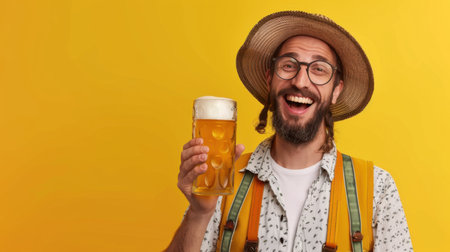 Smiling man in a straw hat and glasses holds a frothy beer mug. Dressed in a casual Oktoberfest outfit, he radiates joy and German cultural pride on a vivid yellow backdropの素材