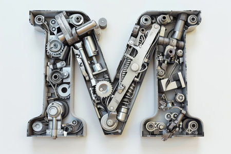 Intricate silver letter M filled with robotic details and gears. A futuristic design showcasing modern engineering, advanced technology, and industrial creativityの素材