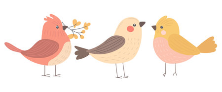 Three pastel birds with warm tones and cute round shapes perched on branches, ideal for spring illustrations, children prints, and forest-themed decorのイラスト素材