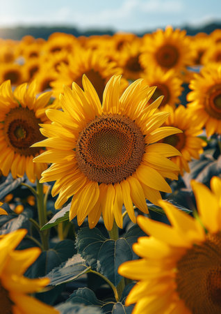 Close-up of vibrant sunflower in full bloom under sunny skies, showcasing nature golden pattern ideal for summer farming, floral, or botanical themesの素材