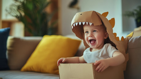 Smiling toddler in cardboard dinosaur costume plays in a cozy living room, full of joy, creativity, and adorable home energyの素材