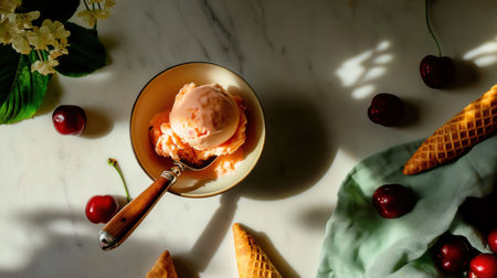 Scoop of cherry ice cream in warm light with scattered cones and fresh cherries on marble surface creates a summery sweet treatの素材
