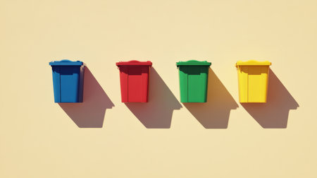 Minimal recycling bins in blue, red, green, and yellow mounted on pastel wall, symbolizing eco-friendly waste sorting and sustainable city living.の素材