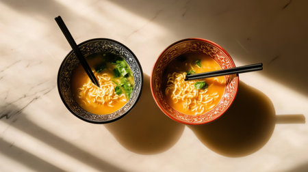 Two steaming bowls of ramen with broth, noodles, and greens in patterned red and black dishes, styled under warm light for authentic Asian cuisine appeal.の素材