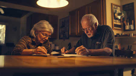 Elderly couple writing documents together at a kitchen table, lit warmly, symbolizing senior lifestyle, retirement planning, and supportive relationshipsの素材