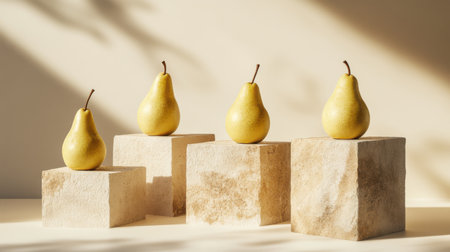Four ripe yellow pears arranged on textured stone pedestals in soft natural light, showcasing rustic fruit styling and healthy food photographyの素材