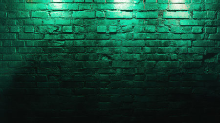 Moody green brick wall with dramatic lighting and grunge texture, perfect as an urban industrial background for creative design conceptsの素材