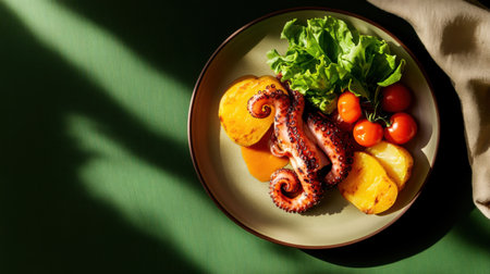 Top view of grilled octopus with roasted potatoes, tomatoes, and lettuce on elegant plate, perfect for fine dining, Mediterranean cuisine, and gourmet presentationの素材