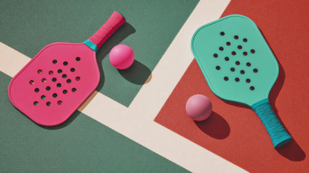 Bright pickleball paddles and balls lie on a bold graphic court, highlighting vibrant gear for active outdoor recreation and stylish sports photographyの素材