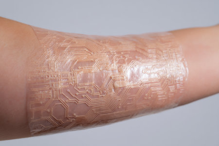 A transparent artificial skin wearable tech patch with intricate circuits is applied to human skin, showcasing modern biotech innovation and medical researchの素材