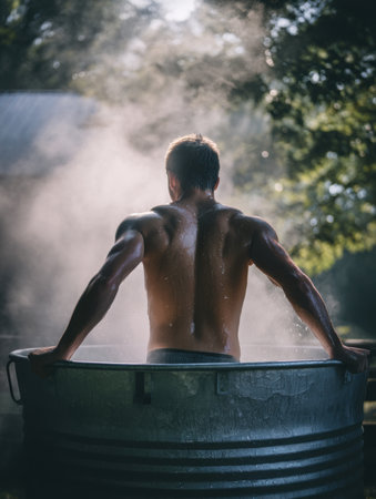 Muscular man emerges from a steaming ice bath, showcasing strength, fitness recovery, and wellness therapy in a dramatic outdoor settingの素材