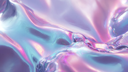 Abstract iridescent surface flows in dreamy pastel tones of purple, blue, and pink, offering a glossy, futuristic, and colorful design textureの素材