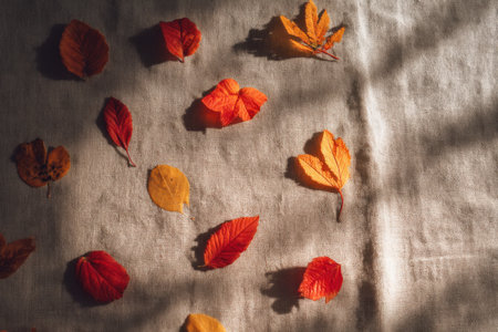 Autumn leaves in red, yellow, and orange lie scattered across textured linen, capturing cozy flat lay styling with rustic natural tones and warm daylightの素材