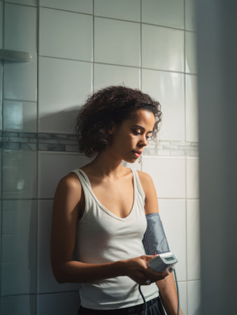 A woman checks her blood pressure with a digital monitor in a tiled bathroom, highlighting wellness, healthcare technology, and daily health routine awarenessの素材